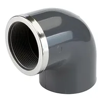 Grey PVC-U 90° elbow with a plain socket and metal-reinforced Rp threaded end, 16 Bar.