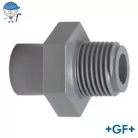 Grey ABS pipe adaptor with male R-thread, rated for 10 Bar.