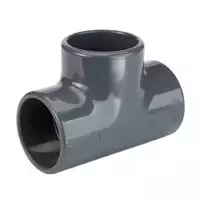 90-degree PVC-U metric tee pipe fitting for industrial pressure systems, durable grey plastic triple-socket connector.