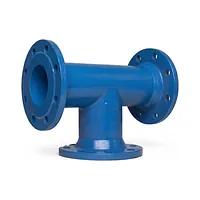 Blue epoxy-coated ductile iron equal flanged tee with three flanged connection ends