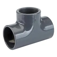 Grey PVC-U threaded central offtake tee with 16 Bar pressure rating.
