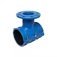 Blue flanged saddle clamp for tapping PE and PVC pipes.