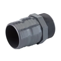 Grey PVC-U threaded hose adaptor with a male R-thread and barbed end, 16 Bar pressure rating.