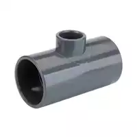 90-degree reduced PVC-U tee fitting for industrial piping, grey plastic reducing T-connector for pressure systems.