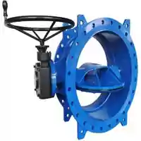 Blue flanged double eccentric butterfly valve with handwheel gear operator.