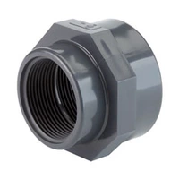 Dark grey PVC-U threaded reducing socket with a 16 Bar pressure rating.