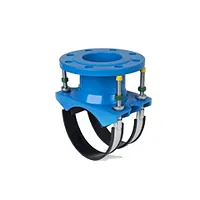 Blue flanged saddle with dual stainless steel bands for ductile iron pipes.