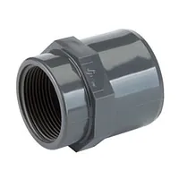 Grey PVC-U adaptor socket with female thread, 16 Bar pressure rating.