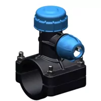 Black polypropylene tapping saddle with blue offtake, 16 Bar pressure rating.