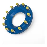Blue studded reducer flange with yellow-capped nuts.