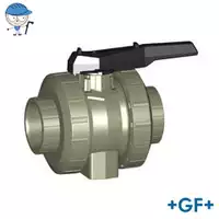 Type 546 PP-H ball valve with black handle, 10 Bar pressure rating.