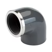 Grey PVC-U 90° elbow with a plain socket and metal-reinforced Rp threaded end, 16 Bar.