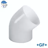 Standard 45-degree PVDF elbow pipe fitting, SDR33/PN10, 16 Bar rated.