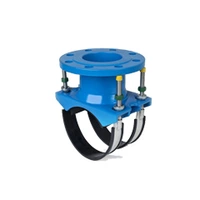 Blue flanged saddle with dual stainless steel bands for ductile iron pipes.