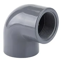 Threaded 90 degree PVC-U elbow pipe fitting for industrial pressure systems, grey plastic female threaded connector.