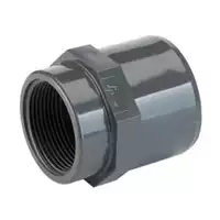 Grey PVC-U adaptor socket with female thread, 16 Bar pressure rating.