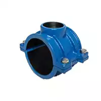 Blue saddle clamp for PE and PVC pipes with a threaded outlet.