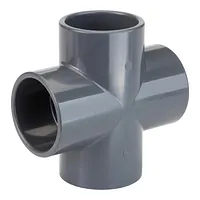 90-degree PVC-U cross pipe fitting for industrial systems, durable grey plastic 4-way pressure connector.