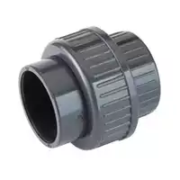 PVC-U union with O-ring for industrial piping, durable grey plastic 3-piece connector for pressure systems.