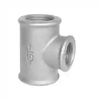 Galvanized steel 90-degree reducing tee fitting with three female internal threads.