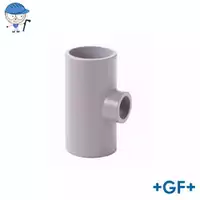 Gray PVC-C 90° reducing tee fitting, 16 Bar pressure rating.