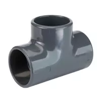 90-degree PVC-U metric tee pipe fitting for industrial pressure systems, durable grey plastic triple-socket connector.