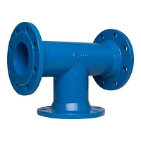 Blue cast iron equal tee with PN16 flanges.