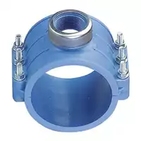 Blue polypropylene clamp saddle 654X with a threaded outlet and stainless steel bolts.