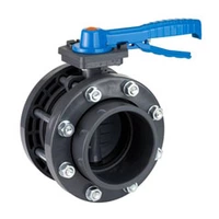 Lever-operated PVC-U butterfly valve, 16 Bar, with included flange kit.