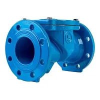 Blue cast iron swing check valve PN10 with flanged ends.