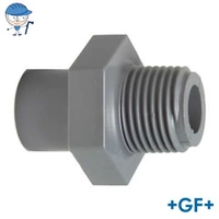 Grey ABS pipe adaptor with male R-thread, rated for 10 Bar.