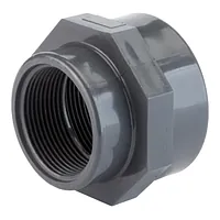Dark grey PVC-U threaded reducing socket with a 16 Bar pressure rating.