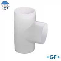 White PVDF 90° equal T-fitting, SDR33, for PN10 / 10 Bar pipe systems.