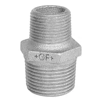 Galvanized steel reducing nipple with male threads and a 20 Bar pressure rating.