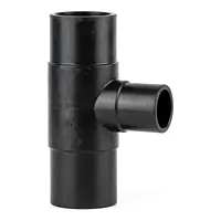 Black 90-degree reduced PEHD tee pipe fitting with long spigot ends, 16 Bar.