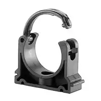 Black polypropylene pipe clip with a hinged locking clasp.