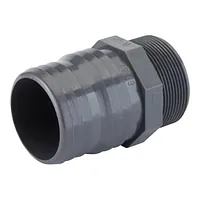 Grey PVC-U threaded hose adaptor with a male R-thread and barbed end, 16 Bar pressure rating.