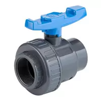 16 Bar PVC-U single union ball valve with blue handle and threaded socket.
