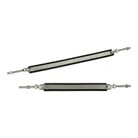 Adjustable stainless steel bands with black liners and threaded ends.