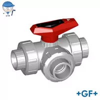 3-Way PVC-C ball valve Type 543 with L-port, rated for 10 Bar.