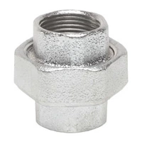 Galvanized steel conical union with female FI x FI pipe threads, rated for 20 Bar.