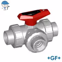 Georg Fischer Type 543 3-way L-port ball valve in PVC-C with red handle.