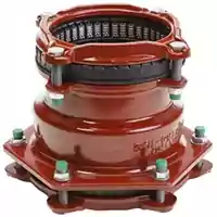 Red cast iron reduced coupling restraint for joining pipes of different diameters.