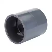 Double socket PVC-U pipe coupler for industrial systems, durable grey plastic straight connector fitting.
