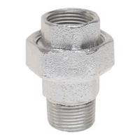Galvanized steel union with female and male threads, rated for 20 Bar.