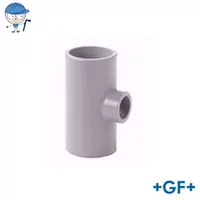 Gray PVC-C 90° reducing tee fitting, 16 Bar pressure rating.