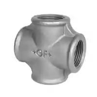 Galvanized steel 90-degree 4-way cross pipe fitting with female threads.