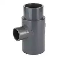 PVC-U manifold tee fitting for industrial piping, durable grey plastic triple-socket connector for fluid distribution.