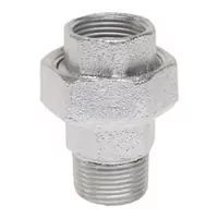 Galvanized steel union with female and male threads, rated for 20 Bar.