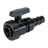 Black PVC-U ball valve with union nut and hose adaptor, 16 Bar.